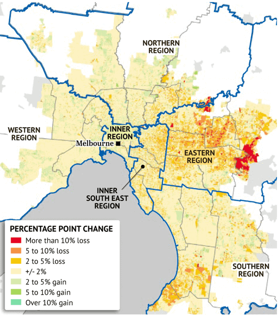 Tree coverage change in metropolitan Melbourne